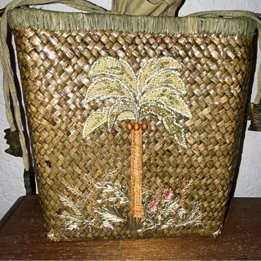 Cappelli Straworld Palm Tree Embroidered Straw Crossbody Purse Bag - Picture 4 of 10